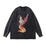 Men Long Sleeve Shirt Cartoon Printed Distressed Long Sleeve T-shirt Men's and Women's Bottoming Top