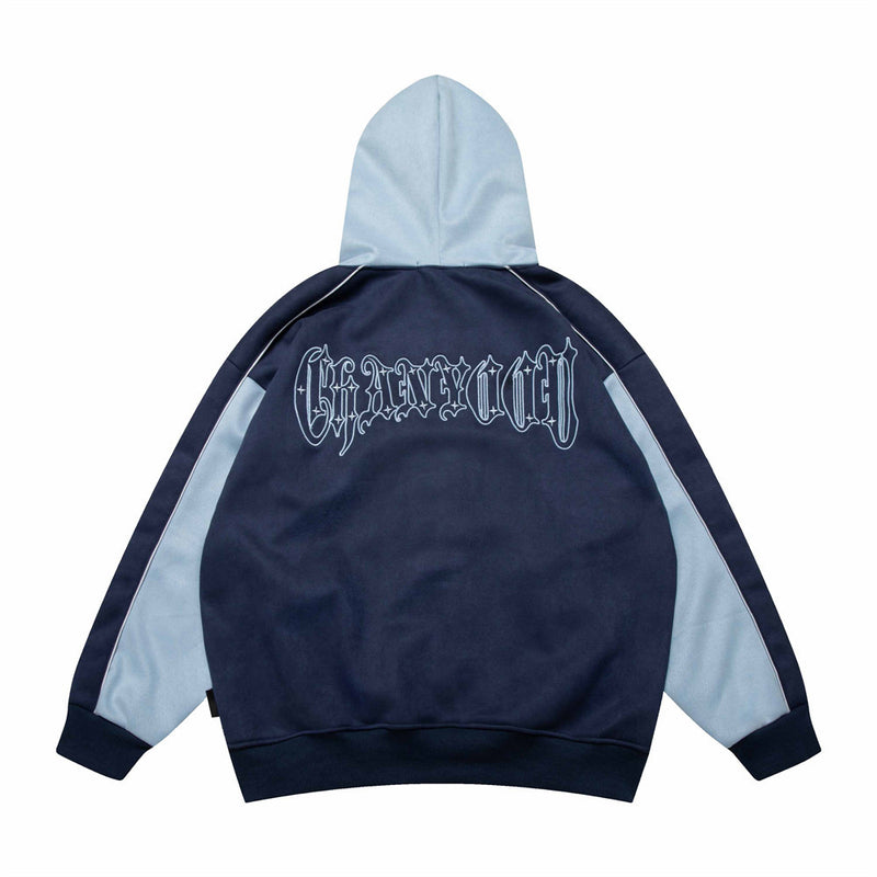 Men Fleece Lined Hoodie Cardigan Sweater Men's Winter Loose Color Contrast Patchwork Embroidered Letters