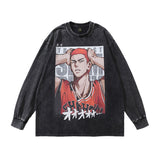 Men Long Sleeve Shirt Cartoon Anime Print Distressed Long Sleeve T-shirt Men and Women Hip Hop