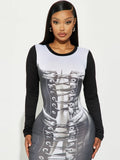 Women Dresses Women's Autumn Fashion Print round Neck Long Sleeve Dress