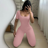 Women Jumpsuit Fashion Solid Color Short-Sleeved Jumpsuit
