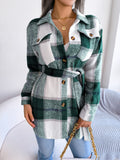Plaid Trench Coat Casual Contrast Color Plaid Long-Sleeved Woolen Coat