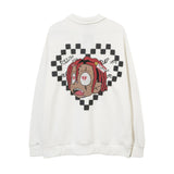 Men Hoodie Heart-Shaped Cartoon Character Printing Lapel Sweatshirt Loose Long Sleeve Half-Open Collar Pullover