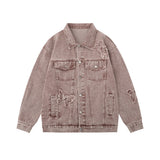 Men Denim Jacket Butterfly Paste Cloth Embroidery Denim Jacket Men's Washed and Worn Coat