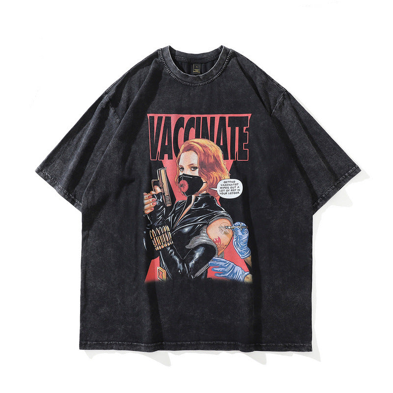 Men T Shirt Washed Distressed Printed Short Sleeve Men and Women Couple