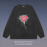 Men Long Sleeve Shirt Heart Graffiti Printed Casual All-Match Washed Long Sleeve T-shirt for Men and Women
