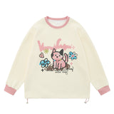 Men Hoodie Cartoon Kitten Graffiti Printing Sweater Boys Stitching round Neck Loose Top