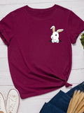 Pocket Bunny Print Women T Shirt Short Sleeve O Neck