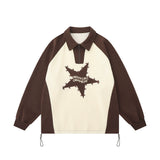 Men Hoodie Five-Pointed Star Embroidered Sweater Men's Loose Color Contrast Patchwork Lapel