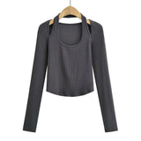 Women T-Shirt Halter U-Neck Long-Sleeved Fitted Short T-shirt