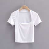 Women T-Shirt T-shirt Summer Short Sleeve Solid Color Short Slim Fit