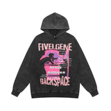 Men Hoodie Character Printed Washed Distressed Hooded Sweater Retro Casual Loose Long Sleeve Hoodie