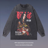 Men Long Sleeve Shirt Vintage Bili Portrait Washed and Worn Long Sleeve T-shirt for Men and Women