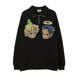 Men Hoodie Hip Hop Letter Print Sweatshirt Men's Lapel Pullover Zipped Stand Collar Cartoon Top