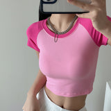 Women T-Shirt Contrast Color Short-Sleeved T-shirt Women's Summer round Neck