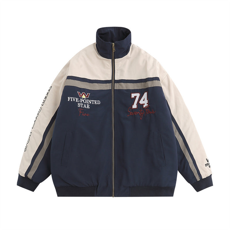 Men Cotton Mixed Jacket Coat Stitching Contrast Color Cotton Coat Jacket Men Winter Cotton Padded Warm Loose Letter Embroidery