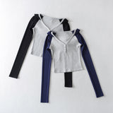 Women T-Shirt Hooded Ins Sports Top Short Stitching Sweater Women