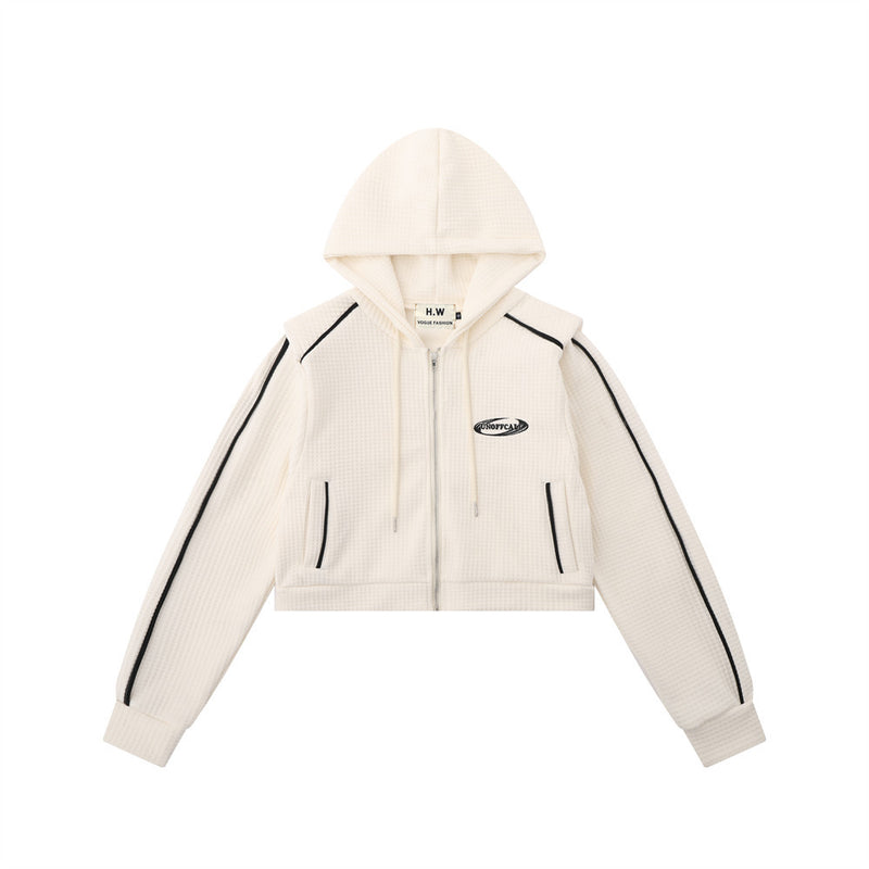 Women Hoodie Waffle Cropped Hoodie Zip Jacket