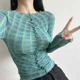 Women T-Shirt Long Sleeve Bottoming Shirt Personality Mesh Sun-Protective Clothing