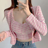 Women Long Sleeve Shirt Classic Style Plaid Camisole Coat Cardigan
