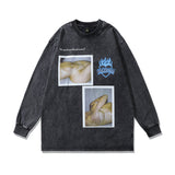 Men Long Sleeve Shirt Vintage Cartoon Printed Distressed Long Sleeve T-shirt Bottoming Shirt for Men
