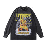 Men Long Sleeve Shirt Vintage Portrait Washed Long Sleeve T-shirt Men and Women Distressed