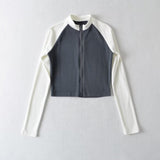 Women T-Shirt Retro Color Matching Long-Sleeved T-shirt Women's Autumn and Winter Zipper Cardigan