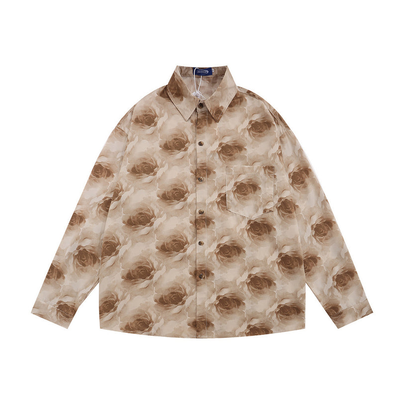 Men Long Sleeved T Shirt Hawaiian Drape Floral Shirt Men's Spring and Autumn Loose Lapel Long Sleeves Shirt