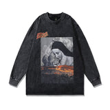 Men Long Sleeve Shirt Vintage Cartoon Printed Distressed Long Sleeve T-shirt Bottoming Shirt for Men