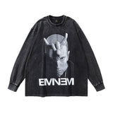 Men Long Sleeve Shirt Printed Washed Long Sleeve Bottoming Tee Hip Hop Retro Style Men and Women