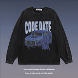 Men Long Sleeve Shirt Vintage Printed Washed Long Sleeve Bottoming T-shirt Men and Women Retro Loose
