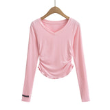 Women T-Shirt Waist Pleated Design V-neck Bottoming Shirt Women's Autumn