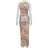 Women Desses Printed round Neck Sleeveless Dress Hip Skirt