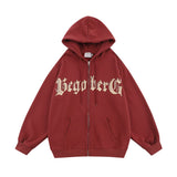 Men Fleece Lined Hoodie Letter Print Hooded Cardigan Sweater Male Loose Zipped Sports Coat