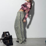 Women Cargo Pants Stitching Distressed Straight Wide Leg Jeans for Women