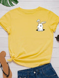 Pocket Bunny Print Women T Shirt Short Sleeve O Neck