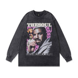 Men Long Sleeve Shirt Printed Washed Distressed Long Sleeve T-shirt Men and Women Retro