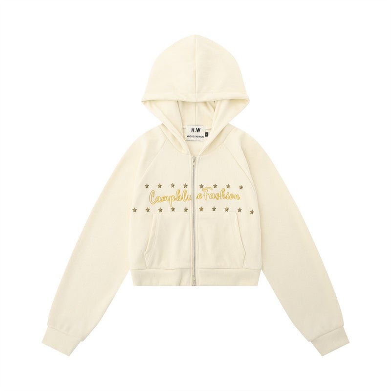 Women Hoodie Letter Cropped Hoodie Loose Long Sleeve Cardigan Jacket