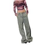 Women Cargo Pants Stitching Distressed Straight Wide Leg Jeans for Women