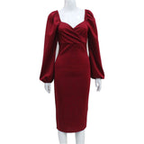 Women Desses Dress Puff Sleeve Slim-Fit Hip Skirt