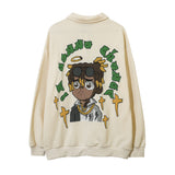 Men Hoodie Cartoon Character Puff Print Lapel Sweater Loose Half Zipped Stand Collar Pullover