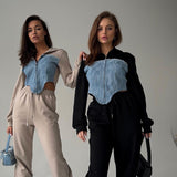 Women Sweatshirt Denim Patchwork Hoodie Women Loose