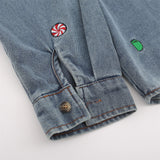 Men Long Sleeved T Shirt Cartoon Embroidered Washed Denim Shirt Coat Spring and Autumn Loose Long Sleeve Shirt