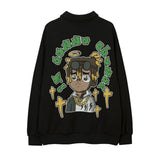 Men Hoodie Cartoon Character Puff Print Lapel Sweater Loose Half Zipped Stand Collar Pullover