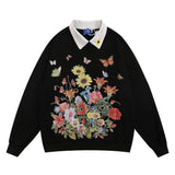 Men Hoodie Flower Printed Pullover Sweatshirt Men's Hip Hop Contrast Color Lapels Top