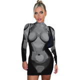 Women Dresses Spring Printed round Neck Sheath Long Sleeve Dress