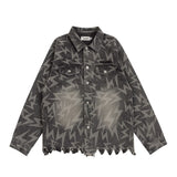 Men Denim Jacket Lightning Printed Jacket Coat Washed Distressed Denim Jacket