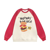 Men Hoodie Burger Bread Color-Block Crew Neck Sweatshirt Loose Pullover Top