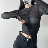 Women T-Shirt Long Sleeve Bottoming Shirt Personality Mesh Sun-Protective Clothing