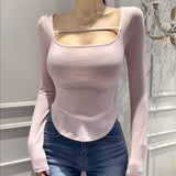 Women Long Sleeve Shirt Base Shirt Square Collar Figure Pure Desire Long Sleeve Spring and Autumn